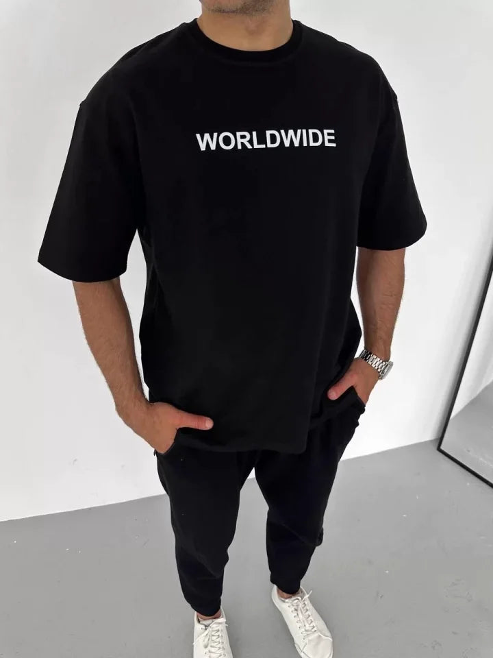 Unisex Bisiklet Yaka Baskılı Oversize T-Shirt - Siyah (106742)