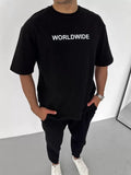 Unisex Bisiklet Yaka Baskılı Oversize T-Shirt - Siyah (106742)