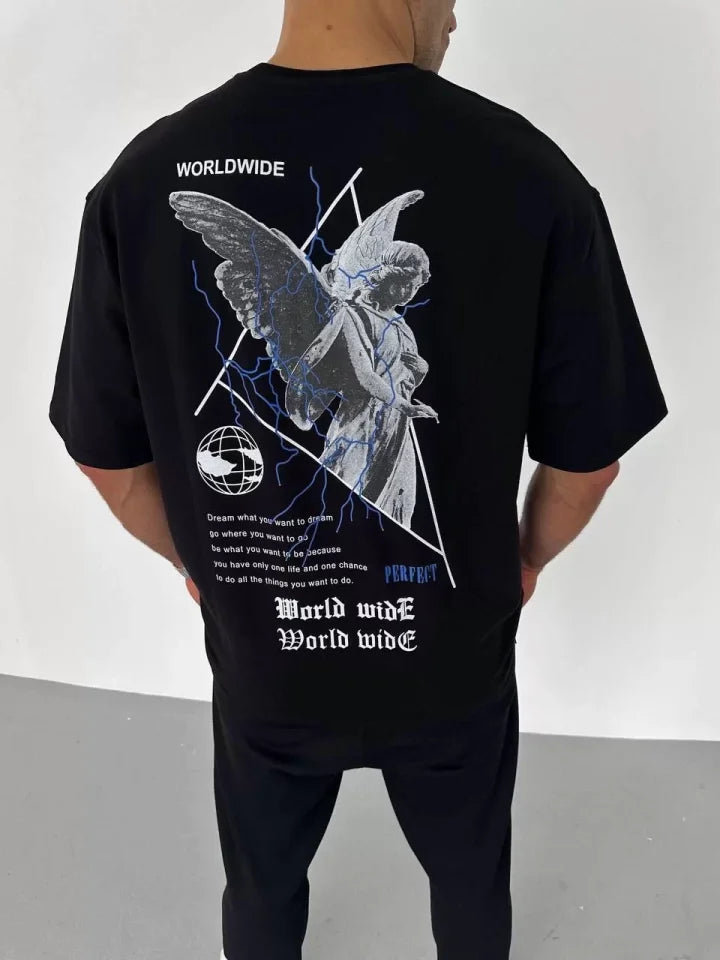 Unisex Bisiklet Yaka Baskılı Oversize T-Shirt - Siyah (106742)