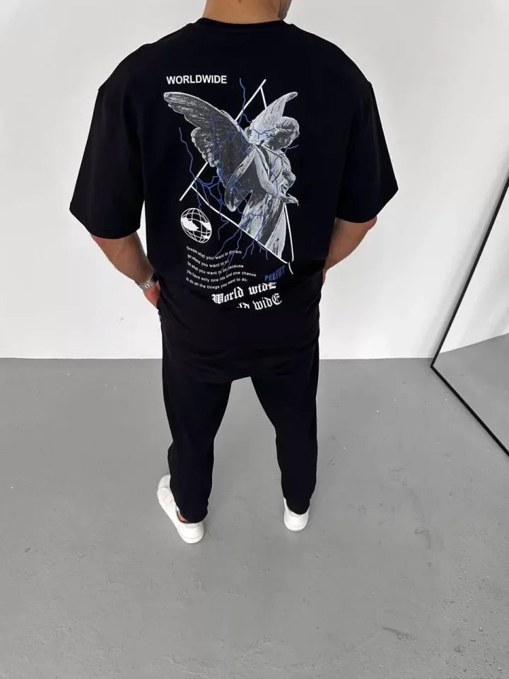 Unisex Bisiklet Yaka Baskılı Oversize T-Shirt - Siyah (106742)