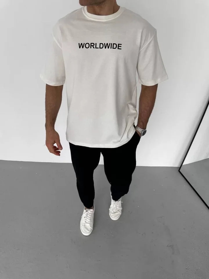 Unisex Bisiklet Yaka Baskılı Oversize T-Shirt - Beyaz (106743)