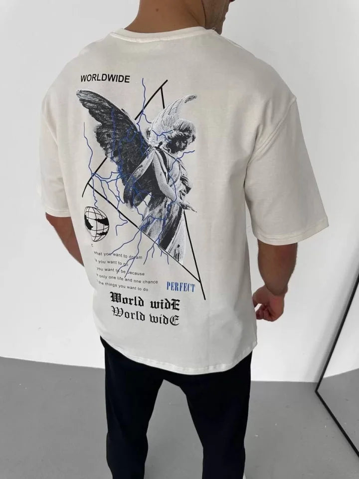 Unisex Bisiklet Yaka Baskılı Oversize T-Shirt - Beyaz (106743)