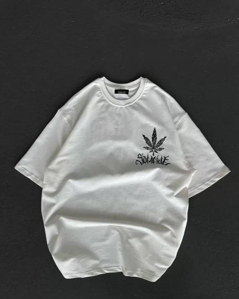 Unisex Bisiklet Yaka Baskılı Oversize T-Shirt - Beyaz (106750)