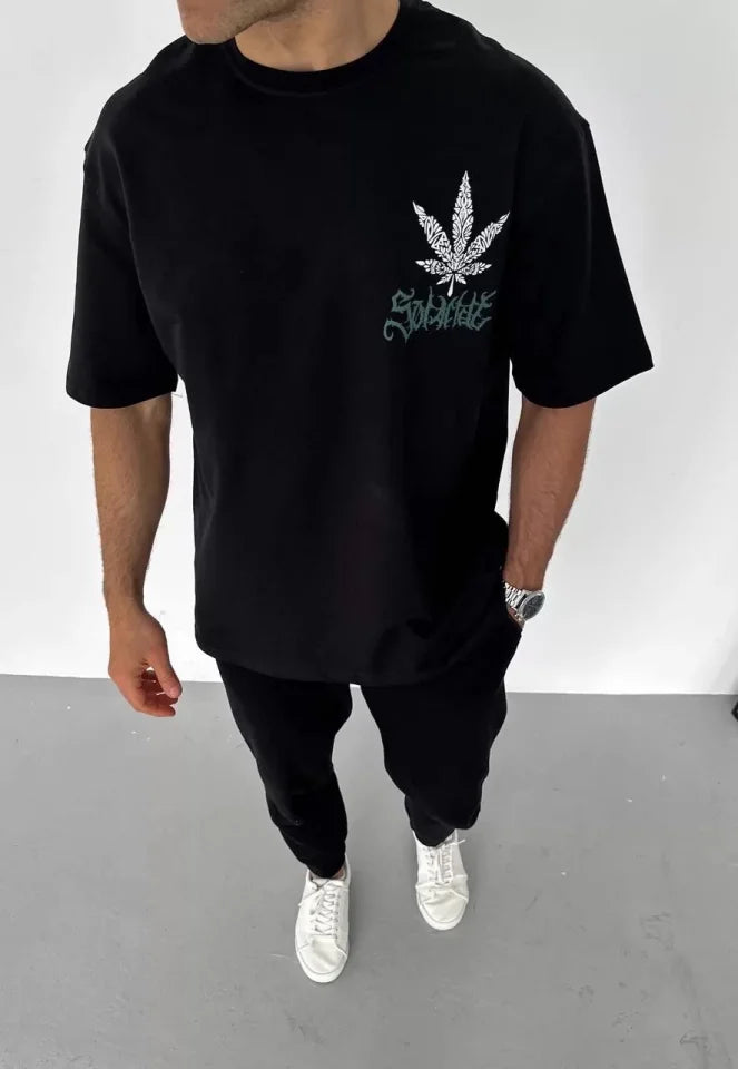 Unisex Bisiklet Yaka Baskılı Oversize T-Shirt - Siyah (106752)