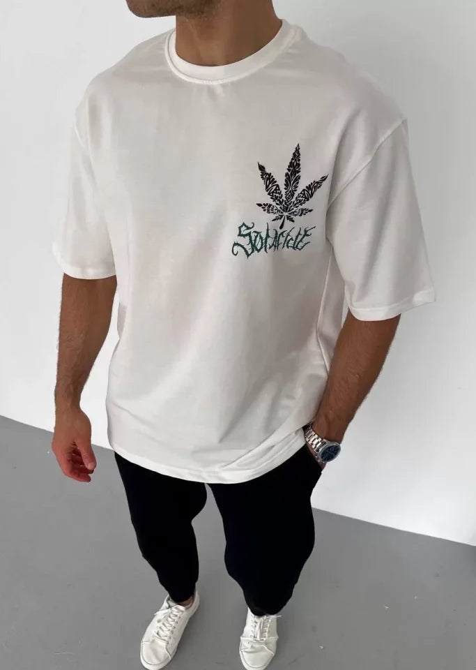 Unisex Bisiklet Yaka Baskılı Oversize T-Shirt - Beyaz (106753)