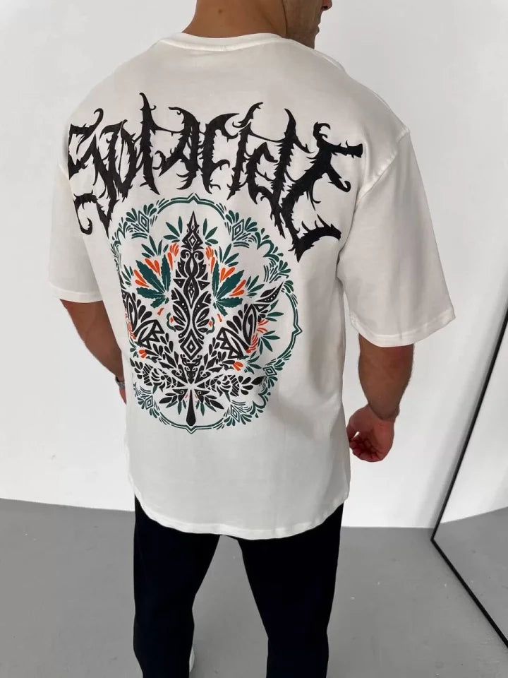 Unisex Bisiklet Yaka Baskılı Oversize T-Shirt - Beyaz (106753)