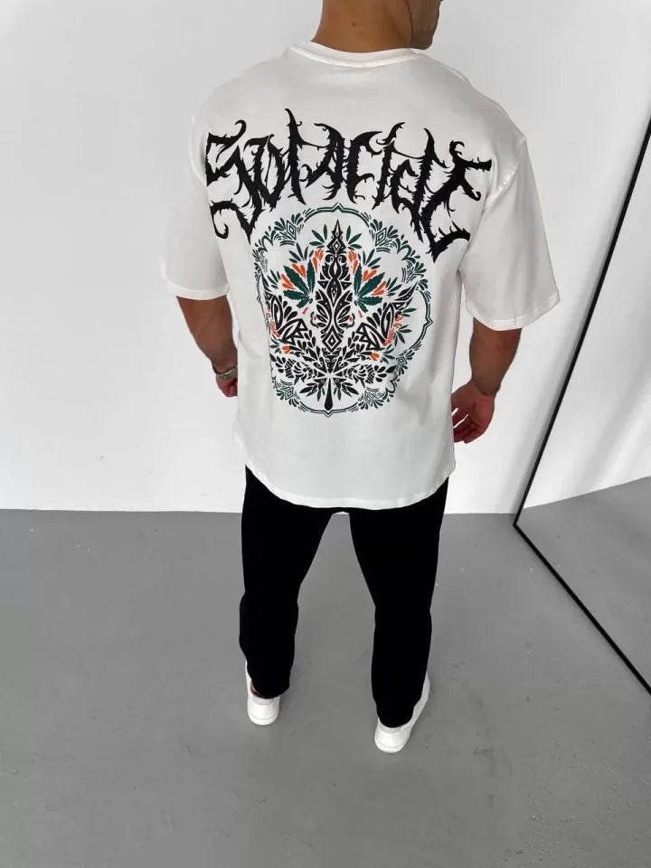 Unisex Bisiklet Yaka Baskılı Oversize T-Shirt - Beyaz (106753)