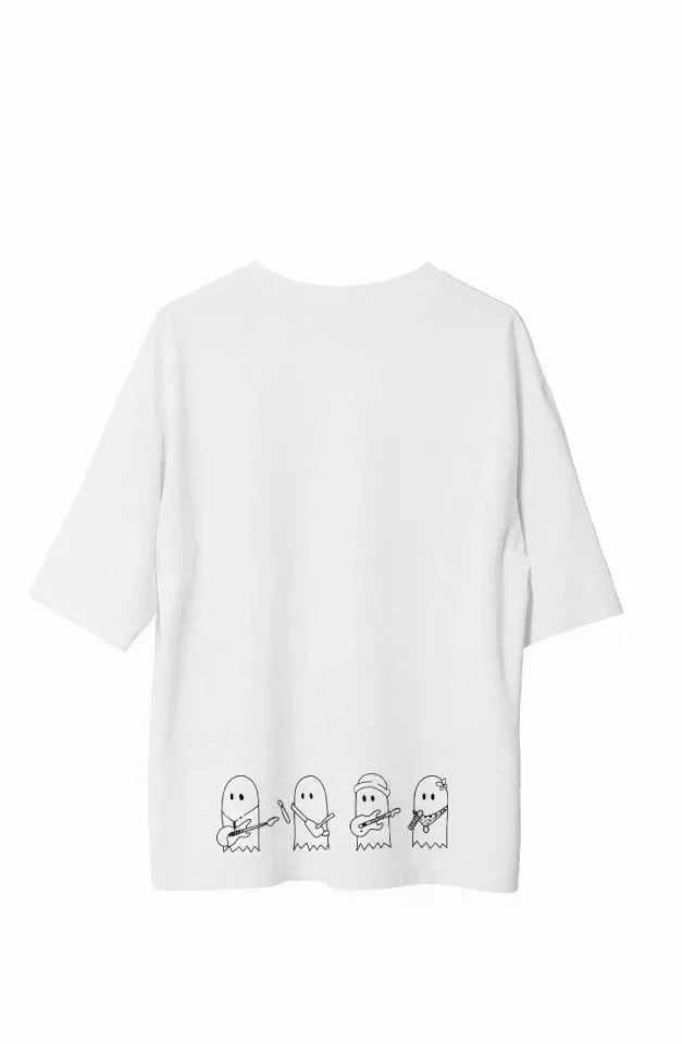 Unisex Bisiklet Yaka Baskılı Oversize T-Shirt - Beyaz (107793)