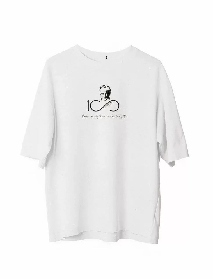 Unisex Bisiklet Yaka Baskılı Oversize T-Shirt - Beyaz (107799)
