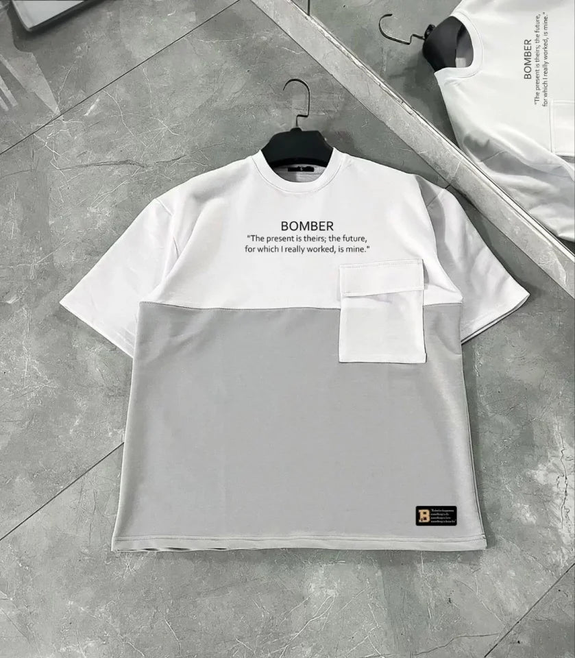 Unisex Torba Cep Detaylı  Parçalı T-Shirt - Gri (107808)