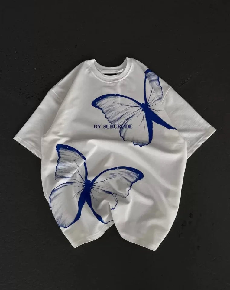 Unisex Bisiklet Yaka Baskılı Oversize T-Shirt - Beyaz (108502)