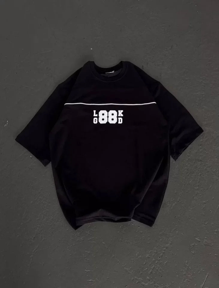 Unisex Bisiklet Yaka Baskılı Oversize T-Shirt - Siyah (108505)