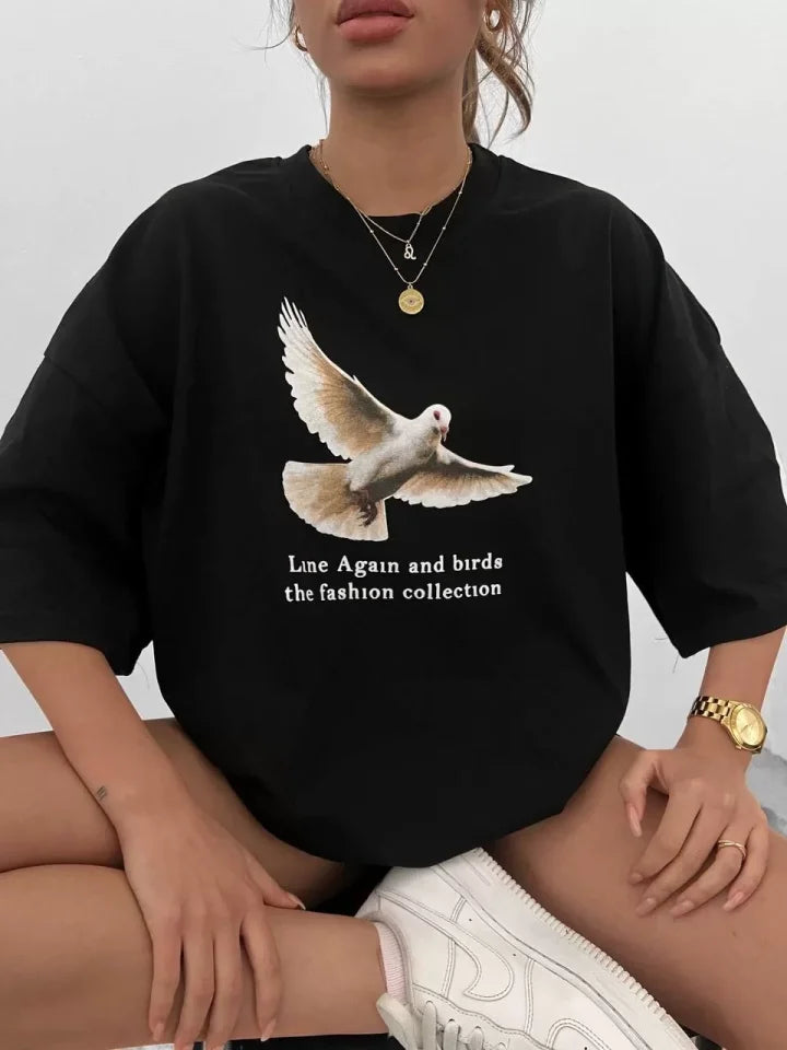 Unisex Bisiklet Yaka Baskılı Oversize T-Shirt - Siyah (108566)