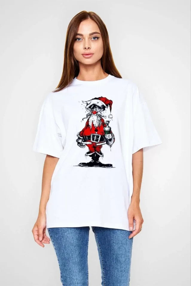 Unisex Bisiklet Yaka Baskılı Oversize T-Shirt - Beyaz (108571)