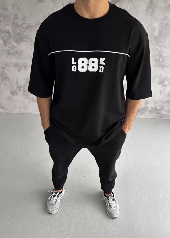 Unisex Bisiklet Yaka Baskılı Oversize T-Shirt - Siyah (108581)