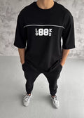 Unisex Bisiklet Yaka Baskılı Oversize T-Shirt - Siyah (108581)