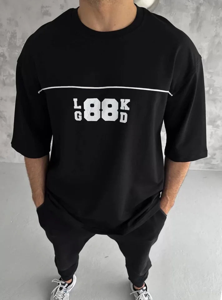 Unisex Bisiklet Yaka Baskılı Oversize T-Shirt - Siyah (108581)