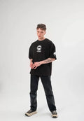 Unisex Bisiklet Yaka Baskılı Oversize T-Shirt - Siyah (108583)