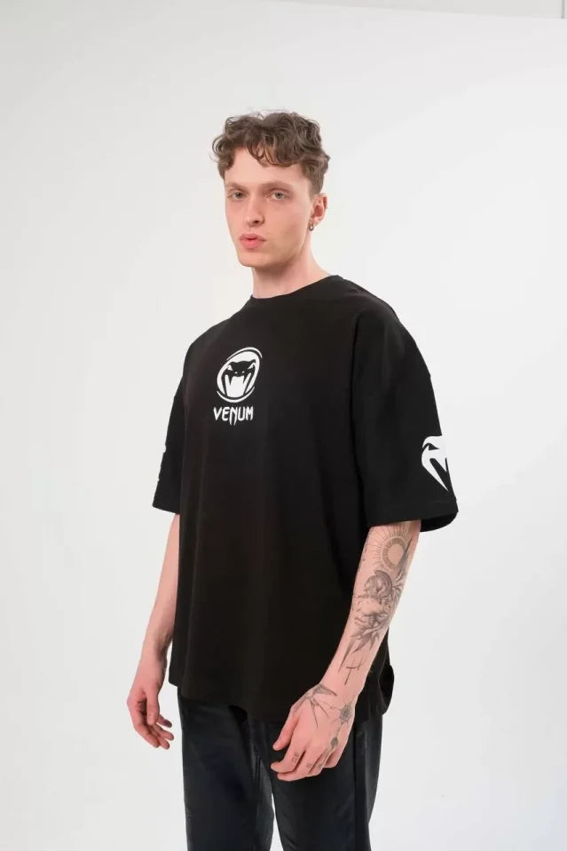 Unisex Bisiklet Yaka Baskılı Oversize T-Shirt - Siyah (108583)