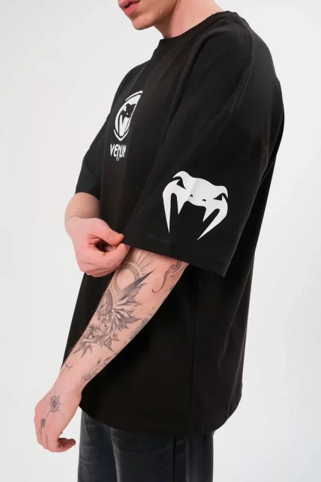 Unisex Bisiklet Yaka Baskılı Oversize T-Shirt - Siyah (108583)