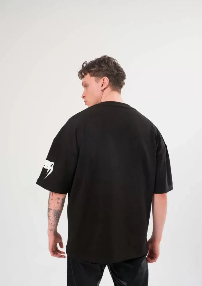 Unisex Bisiklet Yaka Baskılı Oversize T-Shirt - Siyah (108583)