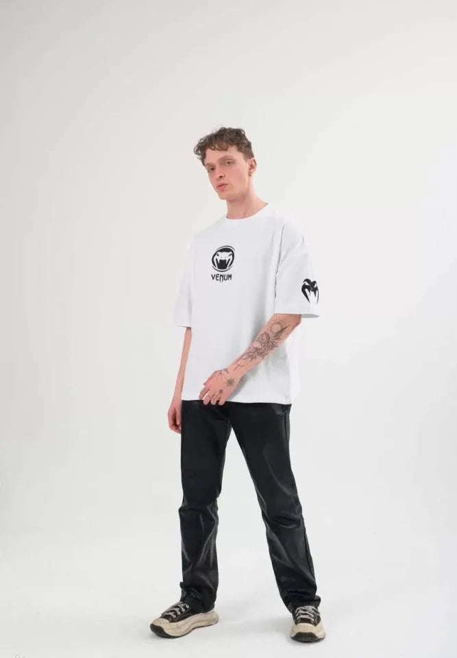 Unisex Bisiklet Yaka Baskılı Oversize T-Shirt - Beyaz (108584)