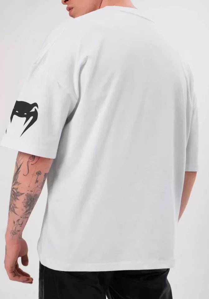 Unisex Bisiklet Yaka Baskılı Oversize T-Shirt - Beyaz (108584)