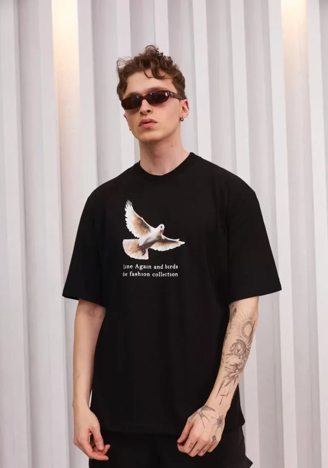 Unisex Bisiklet Yaka Baskılı Oversize T-Shirt - Siyah (108680)