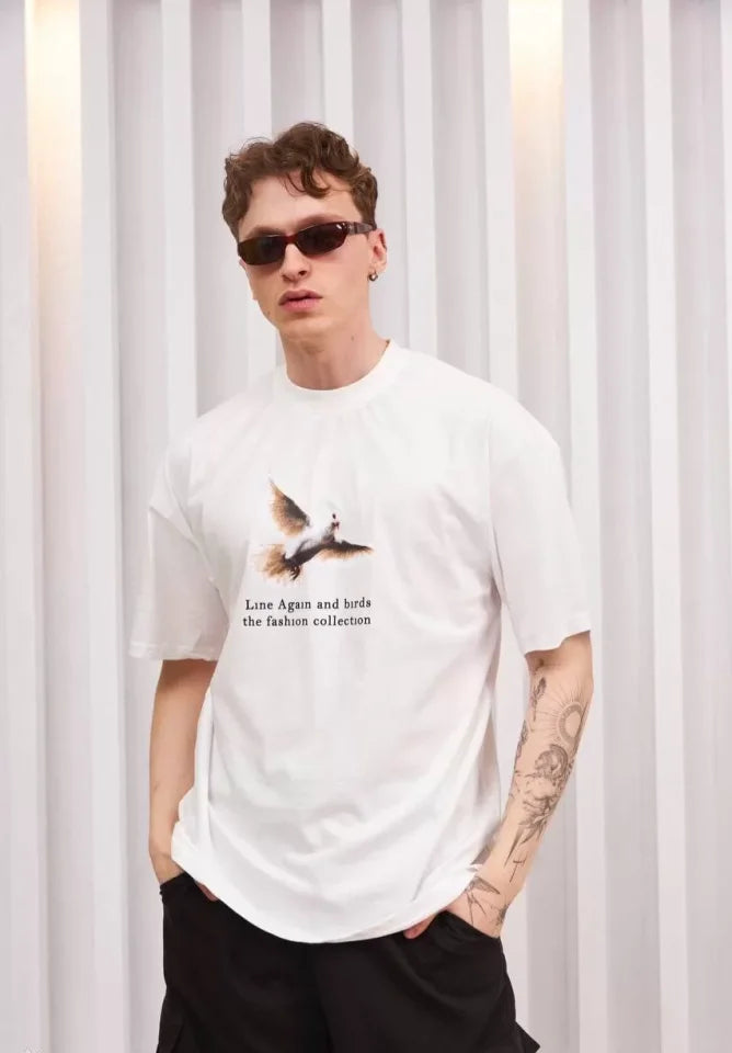 Unisex Bisiklet Yaka Baskılı Oversize T-Shirt - Siyah (108681)