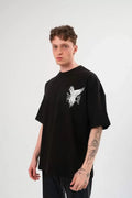Unisex Bisiklet Yaka Baskılı Oversize T-Shirt - Siyah (108682)