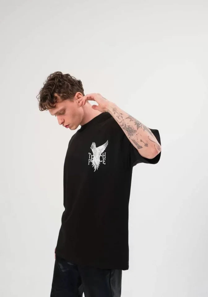 Unisex Bisiklet Yaka Baskılı Oversize T-Shirt - Siyah (108682)