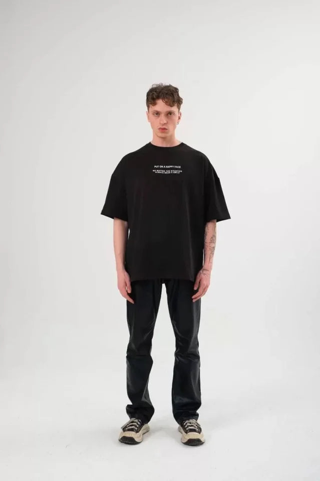 Unisex Bisiklet Yaka Baskılı Oversize T-Shirt - Siyah (108684)