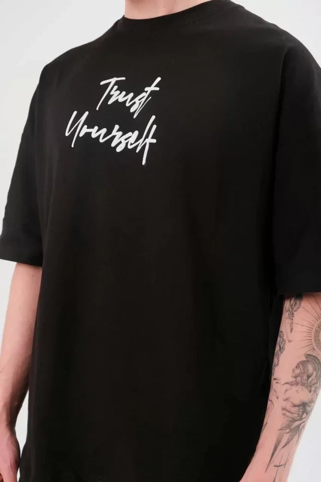 Unisex Bisiklet Yaka Baskılı Oversize T-Shirt - Siyah (108686)