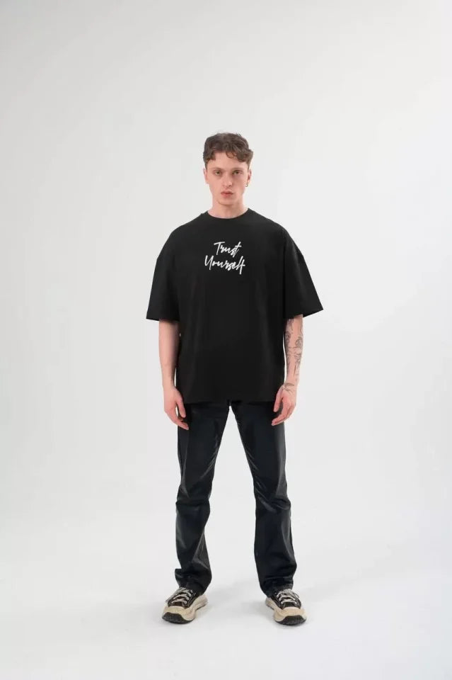 Unisex Bisiklet Yaka Baskılı Oversize T-Shirt - Siyah (108686)