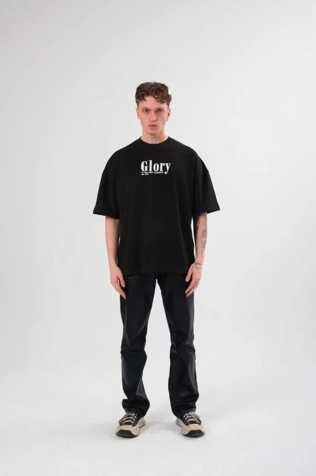 Unisex Bisiklet Yaka Baskılı Oversize T-Shirt - Siyah (108738)