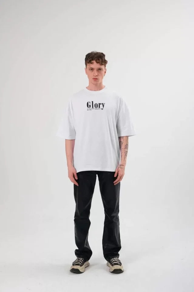 Unisex Bisiklet Yaka Baskılı Oversize T-Shirt - Siyah (108739)