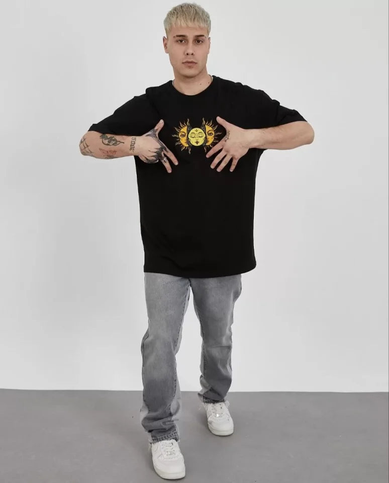 Unisex Bisiklet Yaka Baskılı Oversize T-Shirt - Siyah (108848)