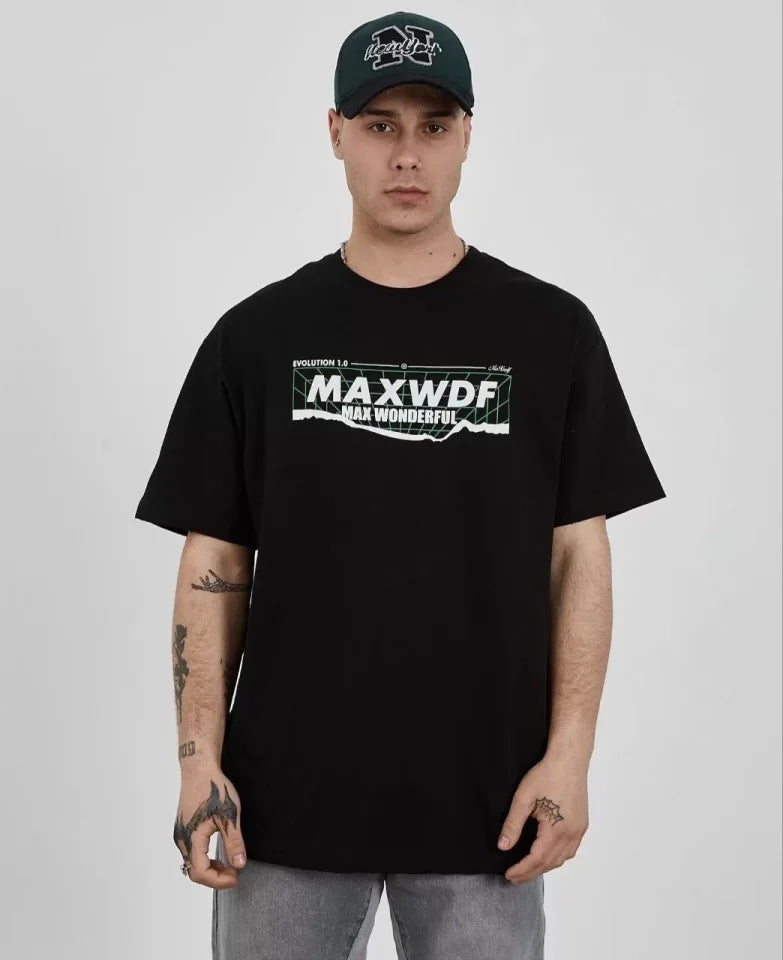 Unisex Bisiklet Yaka Baskılı Oversize T-Shirt - Siyah (108850)
