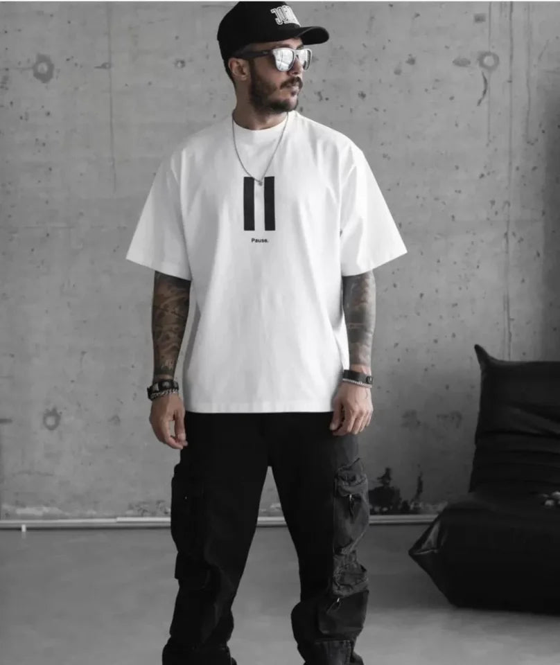 Unisex Bisiklet Yaka Baskılı Oversize T-Shirt - Beyaz (109029)