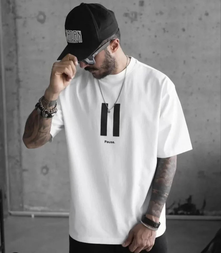 Unisex Bisiklet Yaka Baskılı Oversize T-Shirt - Beyaz (109029)