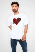 Unisex Bisiklet Yaka Baskılı Oversize T-Shirt - Beyaz (109030)