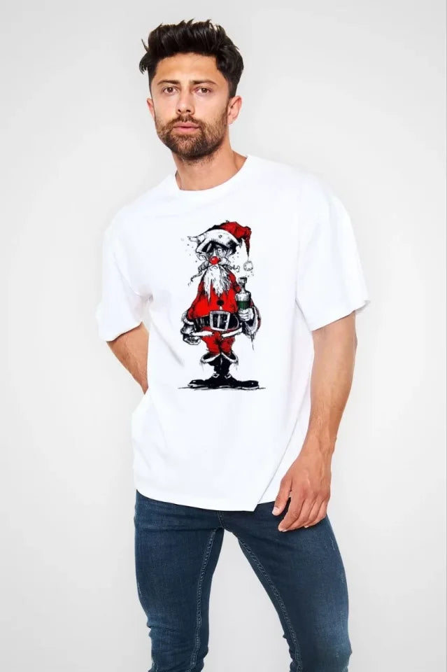 Unisex Bisiklet Yaka Baskılı Oversize T-Shirt - Beyaz (109063)