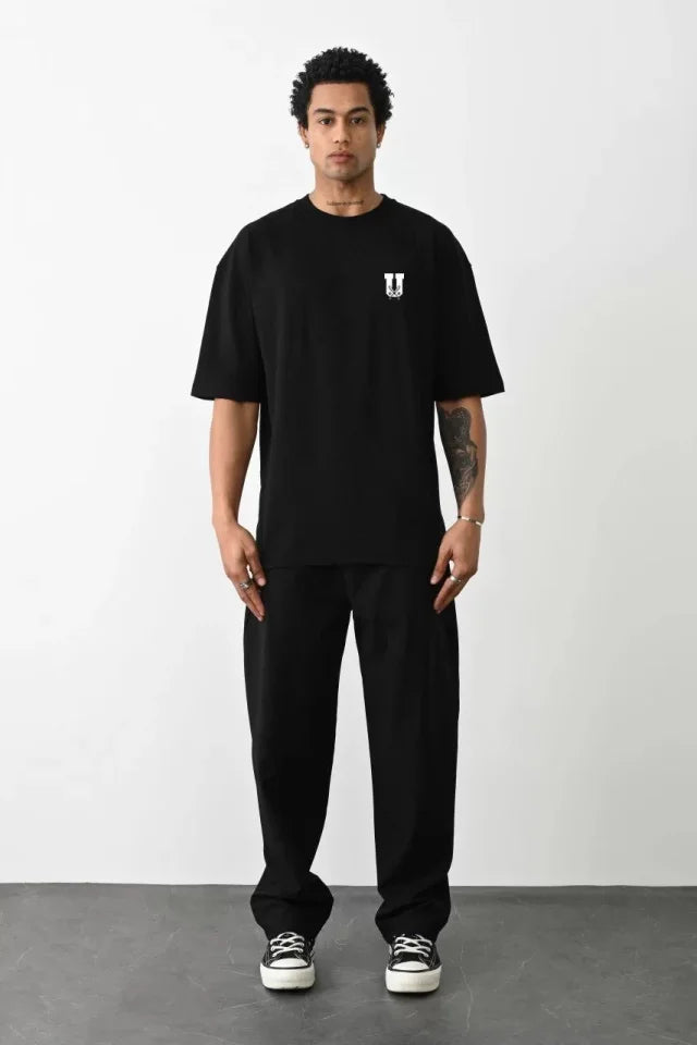 Unisex Bisiklet Yaka Baskılı Oversize T-Shirt - Siyah (109066)