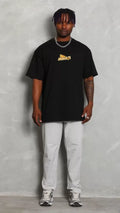 Unisex Bisiklet Yaka Baskılı Oversize T-Shirt - Siyah (109161)