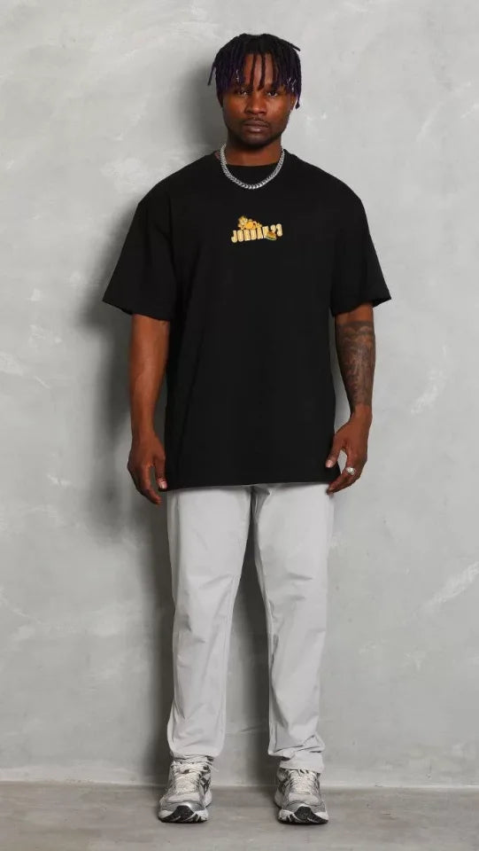 Unisex Bisiklet Yaka Baskılı Oversize T-Shirt - Siyah (109161)