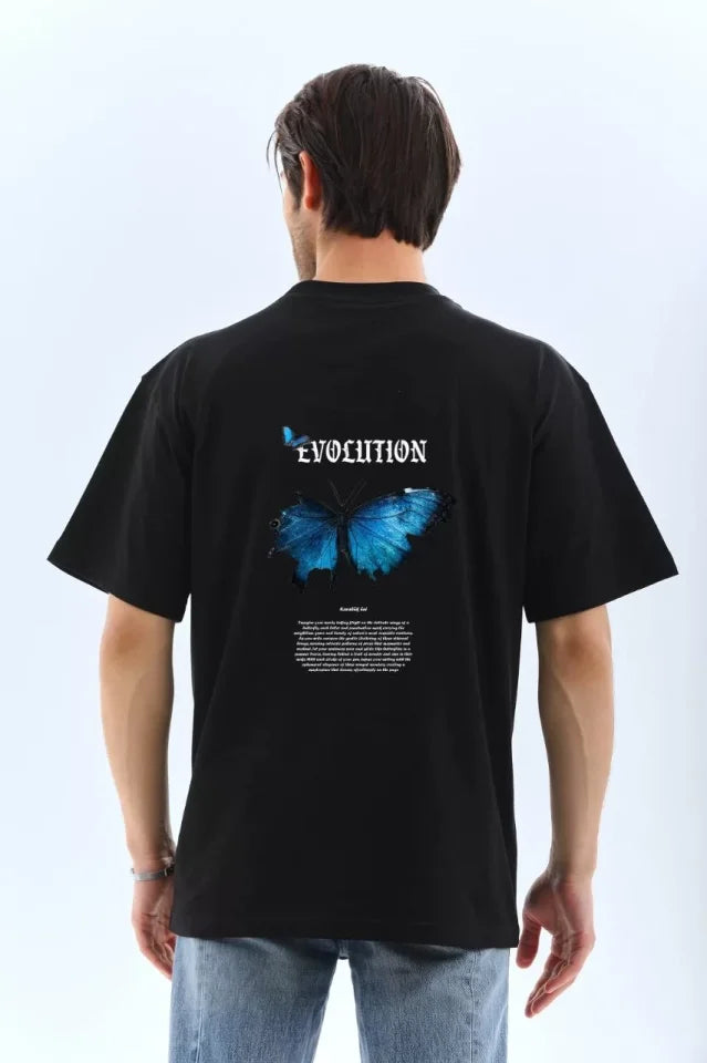 Unisex Bisiklet Yaka Baskılı Oversize T-Shirt - Siyah (109259)