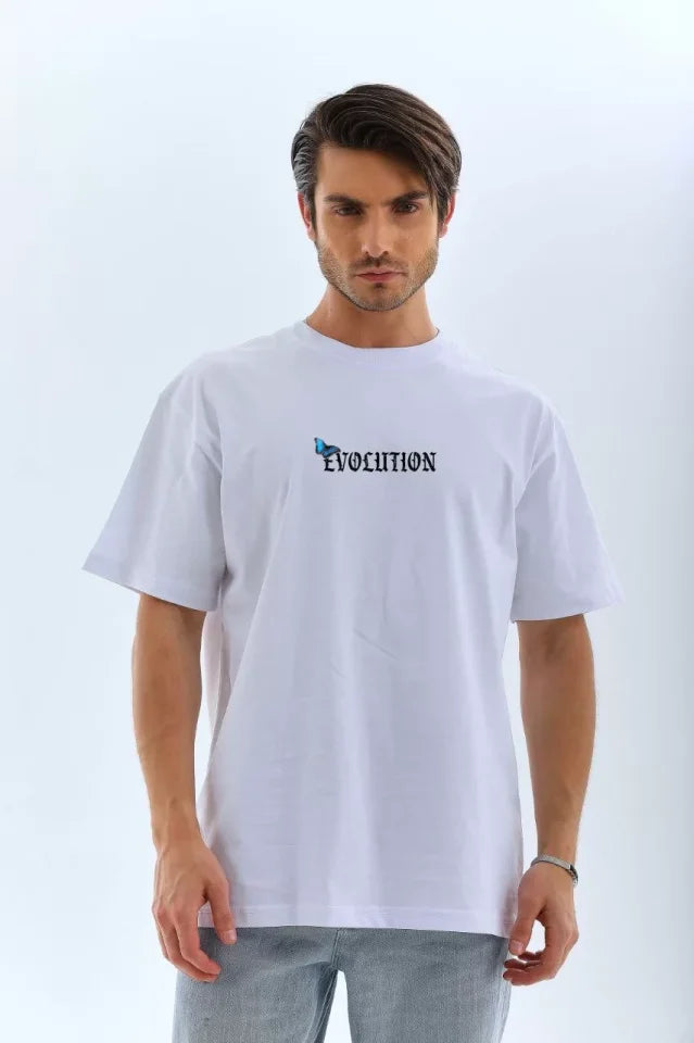 Unisex Bisiklet Yaka Baskılı Oversize T-Shirt - Beyaz (109260)