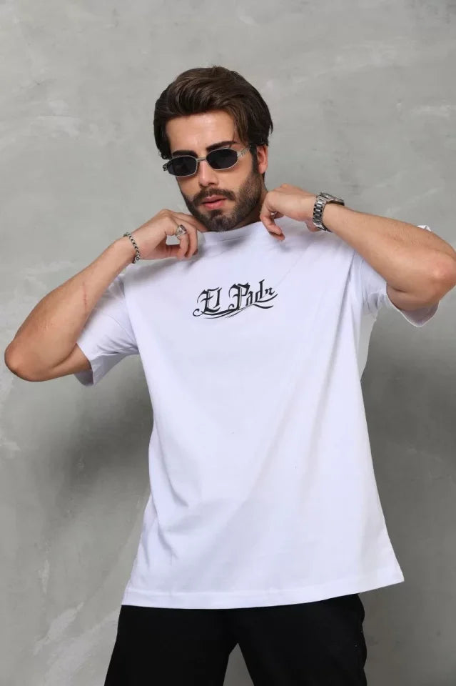 Unisex Bisiklet Yaka Baskılı Oversize T-Shirt - Beyaz (110538)