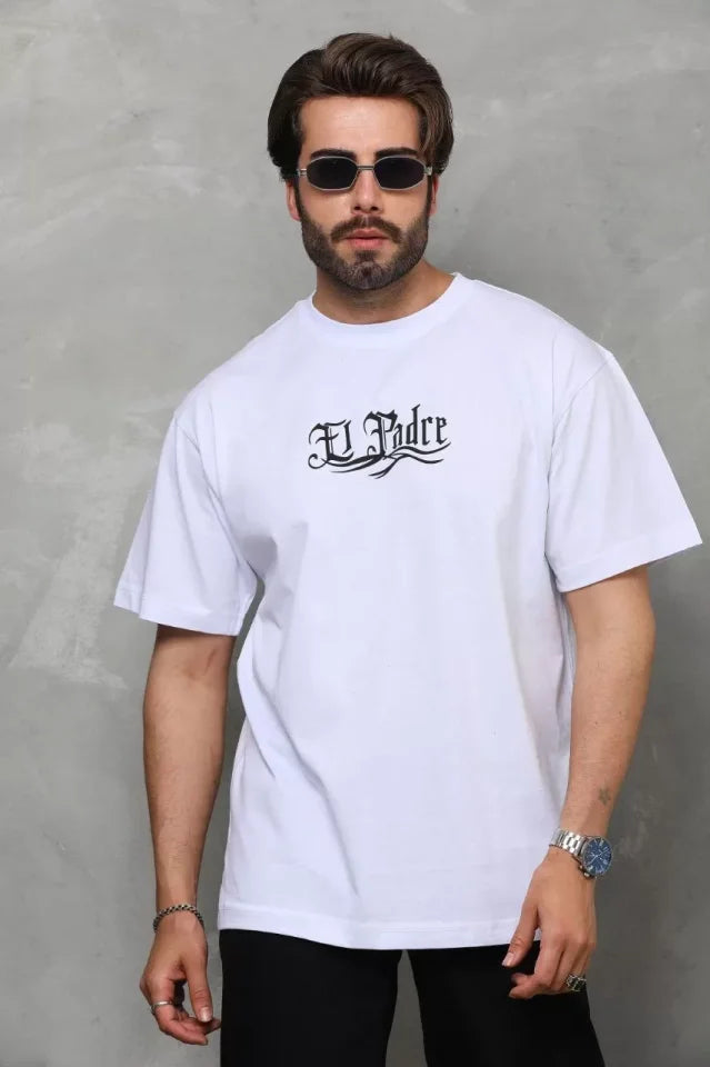 Unisex Bisiklet Yaka Baskılı Oversize T-Shirt - Beyaz (110538)