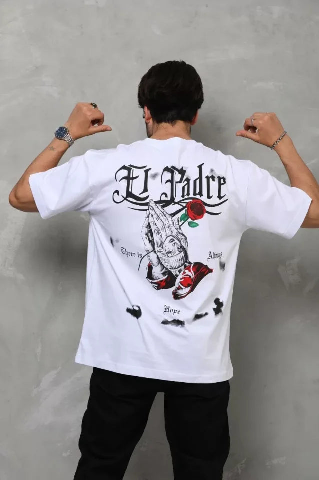 Unisex Bisiklet Yaka Baskılı Oversize T-Shirt - Beyaz (110538)